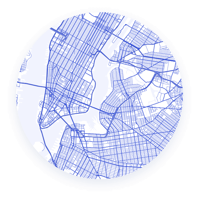 A circular map illustration showing the street layout of a city with blue lines on a white background.